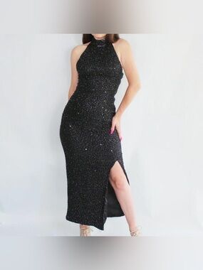 Unique Vintage Black Sequin Halter Maxi Dress with Side Slit